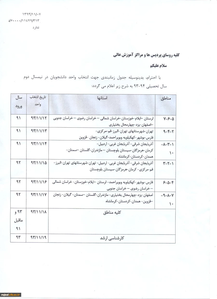 جدول زمانبندی انتخاب واحد