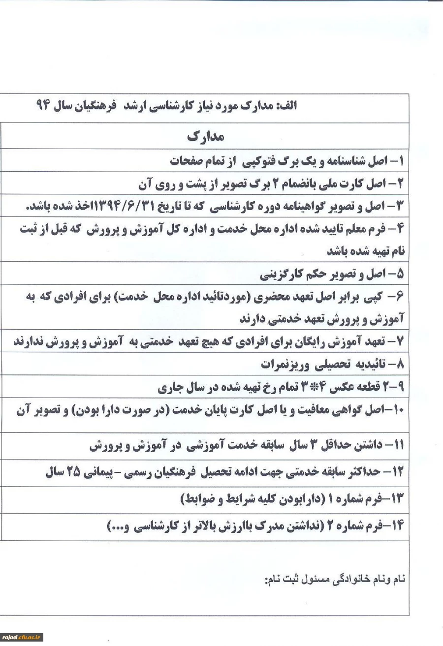 مدارک مورد نیاز