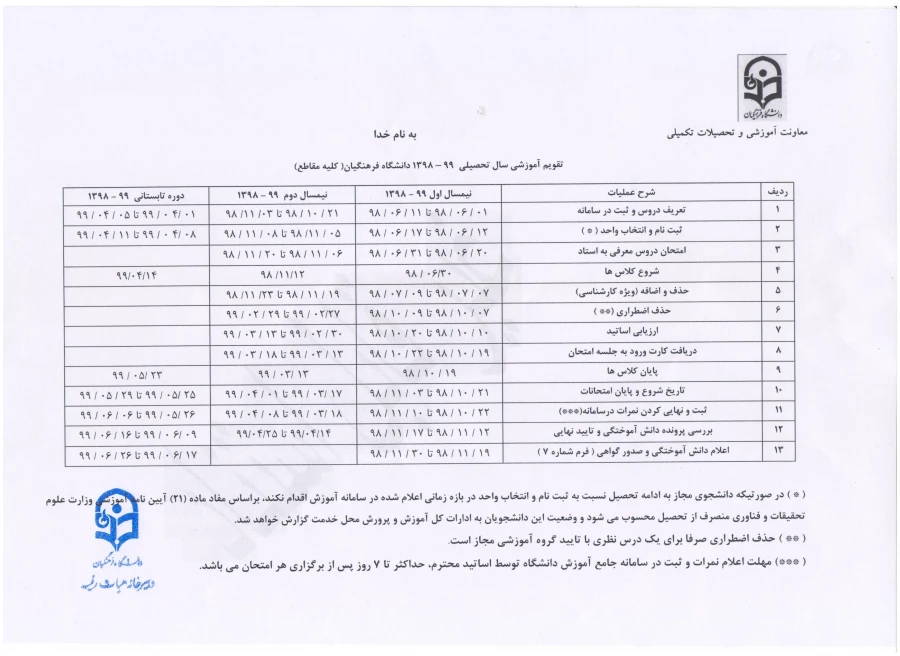 تقویم آموزشی سال تحصیلی 99-98 دانشگاه فرهنگیان 2
